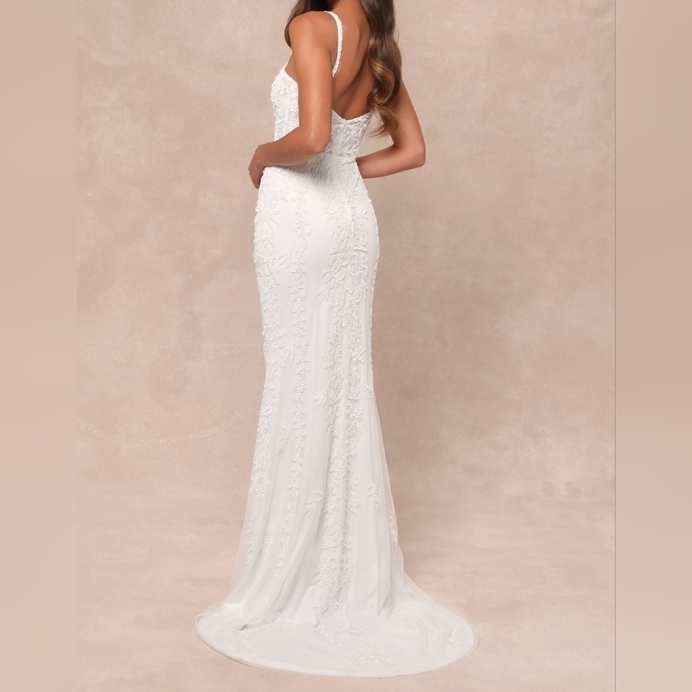 Lulus Momentous Love White Beaded Bustier Mesh Mermaid Maxi Dress Wedding Gown S